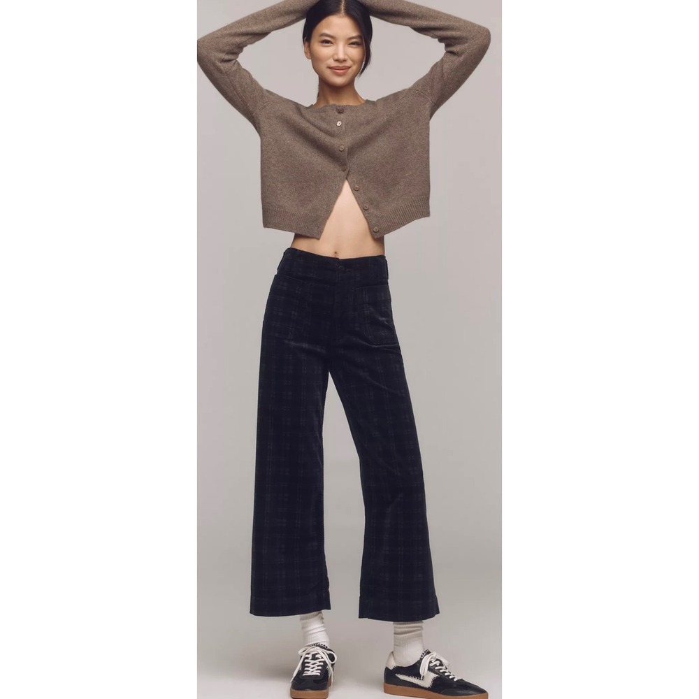 Maeve The Colette Wide Leg Pants Navy Blue Plaid Corduroy High Rise Cropped 26